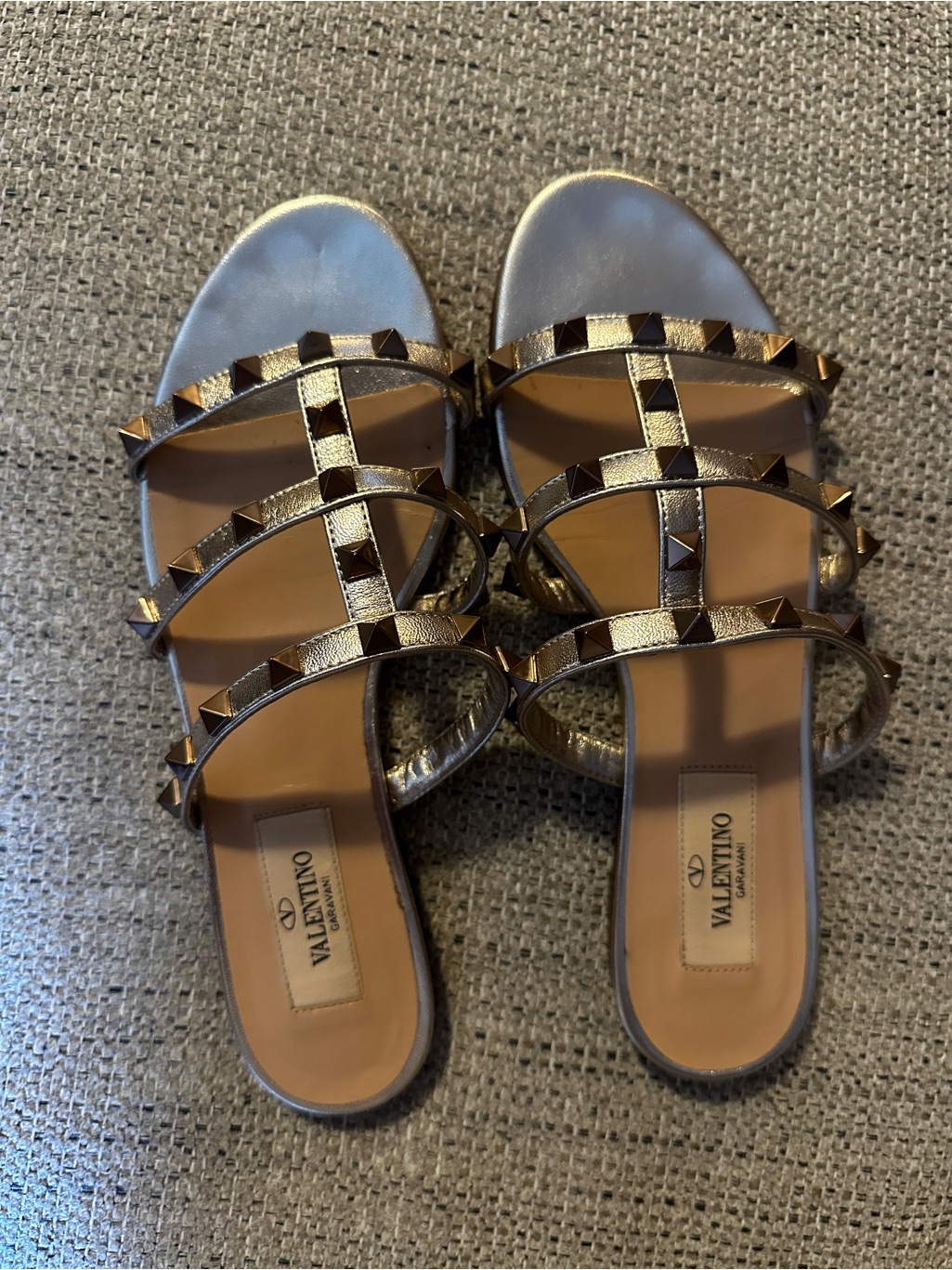 Valentino Gold Leather Rockstud Strappy Slide Sandals